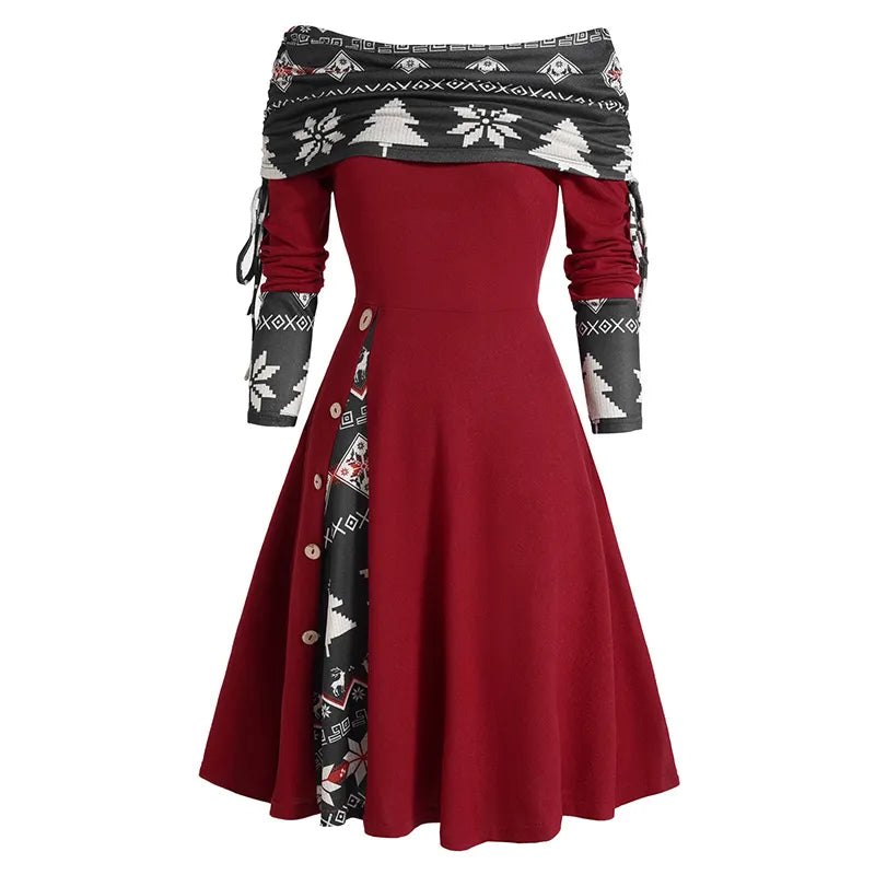 maoxiangshop Long Sleeve Colorblock Dress Christmas Dress Tree Snowflake Print Cinched Godet A Line Mini Robe For Women