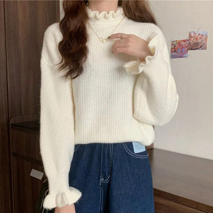 maoxiangshop Women Ruffles Thicken Warm Sweater Mock Neck Flare Sleeve Sweet Pullovers Solid Casual Sweater For Women Fall Winter