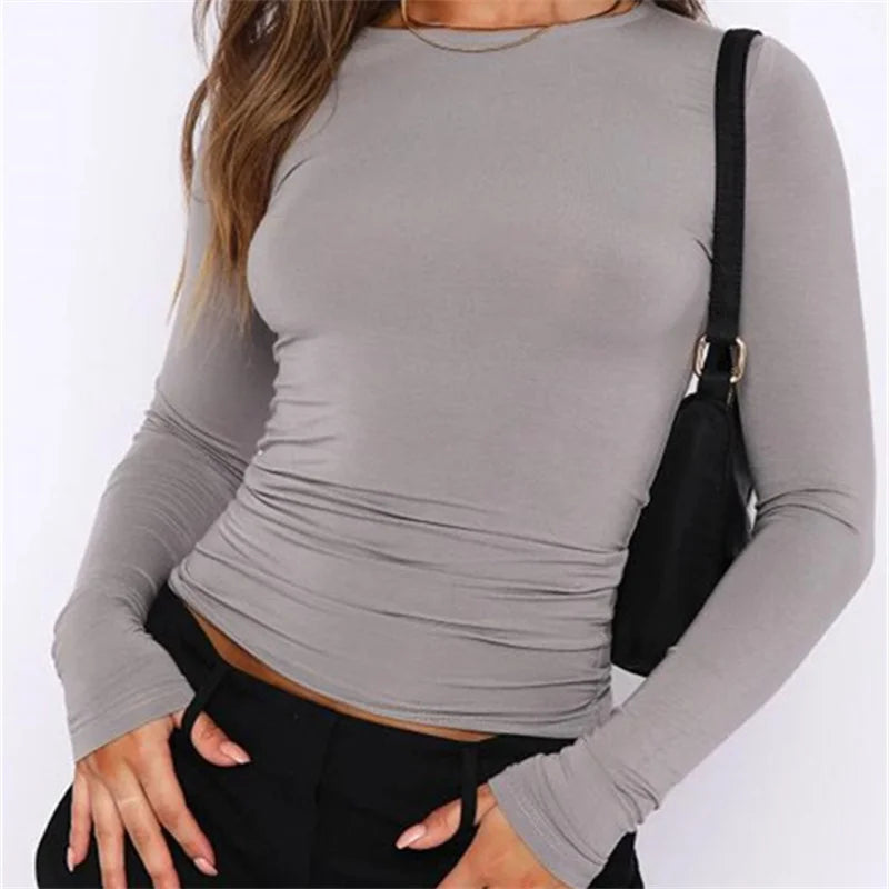 maoxiangshopWomen Casual Long Sleeve T-Shirts Spring Autumn Solid Slim Fit Pullovers Tees Shirts Female Streetwear Base Tees Tops