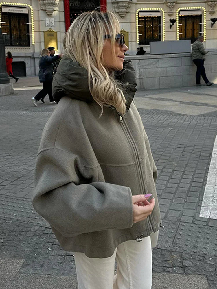 maoxiangshop  -  Zipper Panelled Women's Jackets With Hoodies Casual Drawstring Long Sleeved Jacket Female Autumn Winter Short Loose Outwear Tops