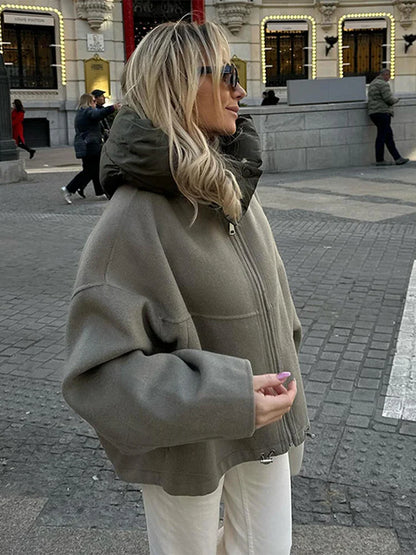 maoxiangshop  -  Zipper Panelled Women's Jackets With Hoodies Casual Drawstring Long Sleeved Jacket Female Autumn Winter Short Loose Outwear Tops