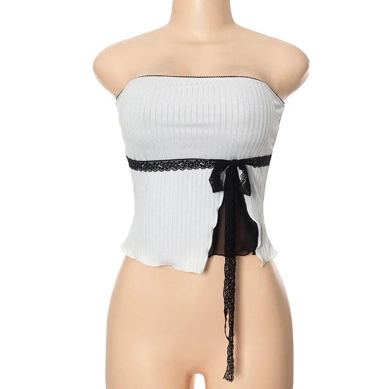 maoxiangshop  -  Splice Mesh Slim Crop Tops For Women Sleeveless Off Shoulder Sexy Backless Cute Top Ladies Bow Bandage Short Tees Femme