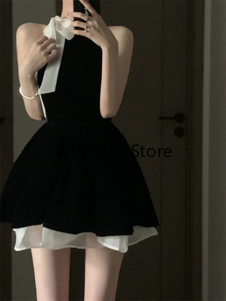 maoxiangshop Sexy Dress Woman Bow Bandage Sleeveless Slim Patchwork Black Mini Dresses Puffy Elegant Vintage Ladies Summer Fashion Chic