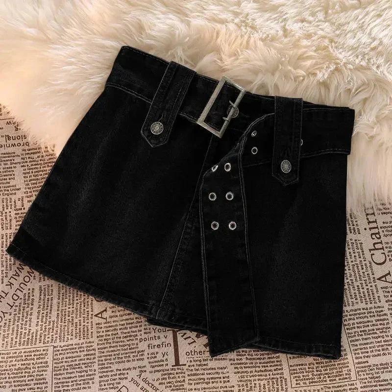 Vintage Denim Mini Skirts Women Summer Sexy Solid Belt Jeans Skirts Female Casual Ball Gown Korean Slim A Line Skirts