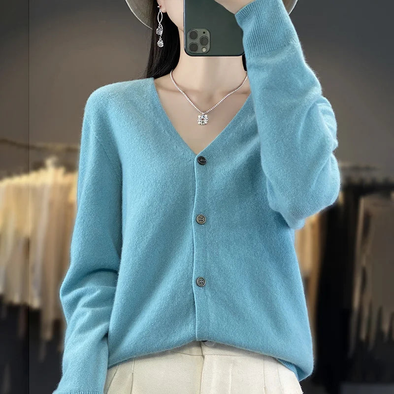 maoxiangshop New Fashion Spring Autumn 100% Merino Wool Women's V-neck Cardigan Cashmere Sweater 2024 Female Knitwear Clothing Korean Tops