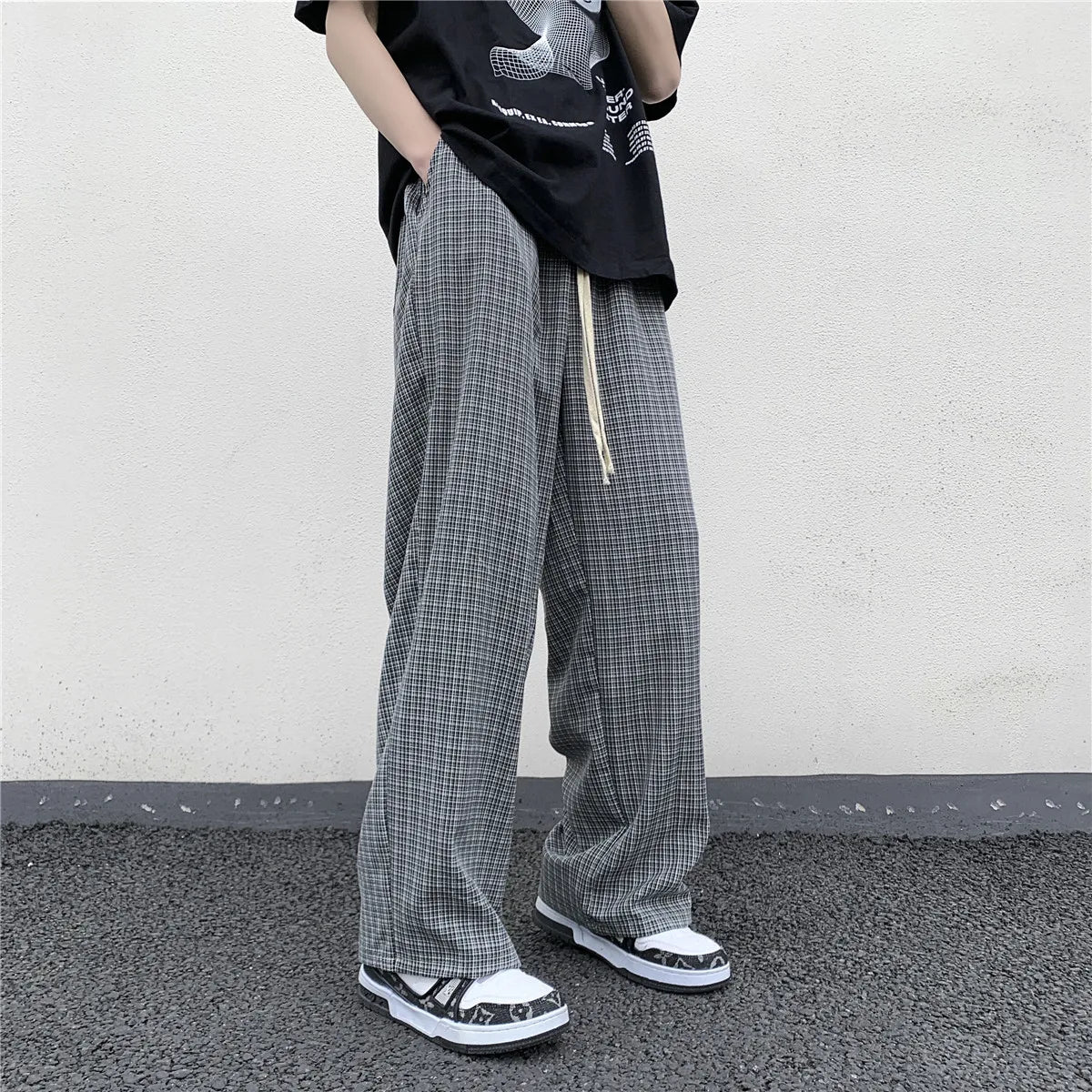 maoxiangshop Summer/Autumn Plaid Pants Men Loose Casual Straight Trousers for Male/Female Harajuku Hip-hop Streetwear Wide-leg Mopping Pants