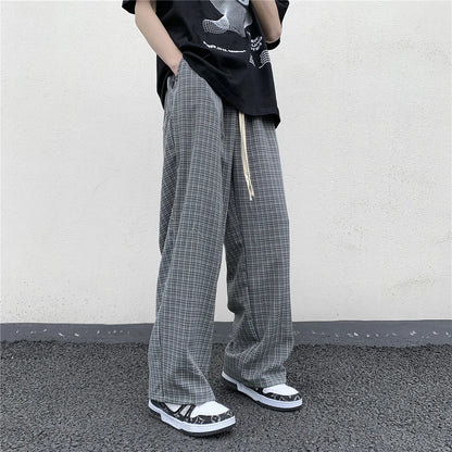 maoxiangshop Summer/Autumn Plaid Pants Men Loose Casual Straight Trousers for Male/Female Harajuku Hip-hop Streetwear Wide-leg Mopping Pants