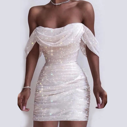 Fall Dresses For Women Sexy Off Shoulder Ruched Glitter Sparkly Sequin Straight Bodycon Slim White Dress Vintage Prom Dress