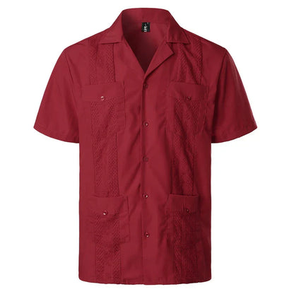 maoxiangshop Men's Traditional Cuban Camp Collar Guayabera Shirt Short Sleeve Embroidered Mexican Caribbean Style Beach Shirt with 4 Pocket