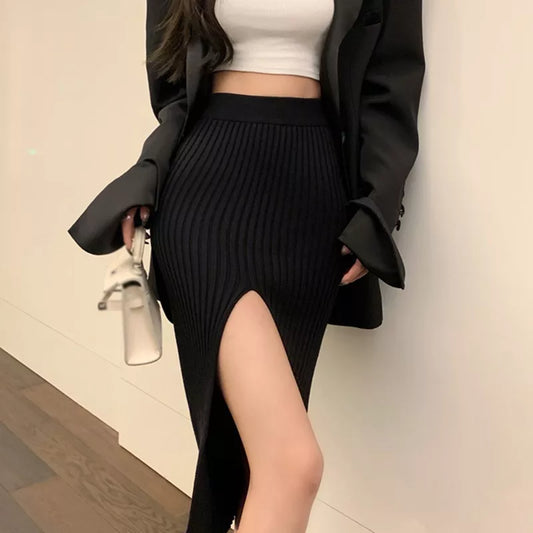 maoxiangshop High Waist Knitted Half Skirt Elastic Force Temperament Thin Sexy Split Slim Skirts Spring Autumn