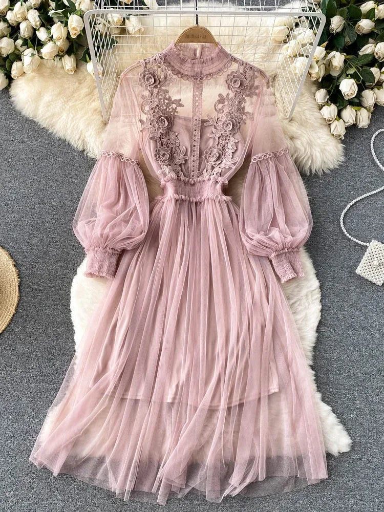 maoxiangshop Ladies Dress Three-dimensional Flower Hook Mesh Temperament Stand Collar Lantern Sleeve High Waist Slim Female Dresses