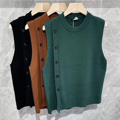 maoxiangshop Men's Luxury Knitted Pullover Sweater Vest Casual Streetwear Button Solid Color O Neck Sleeveless Loose Stylish Vintage Knitwear