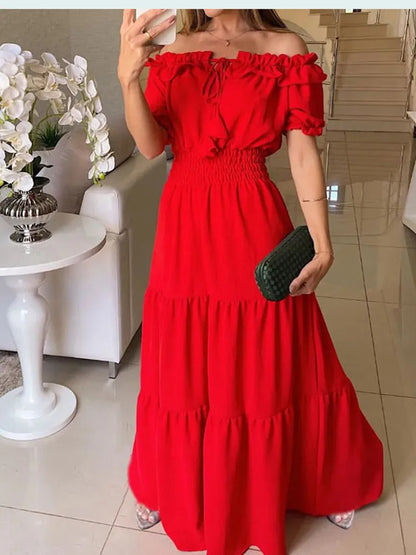 maoxiangshop Summer Boho Red Dress Fashion Short Sleeve Beach Long Dress Casual Loose Elegant Holiday Party Dresses For Women Robe Femme