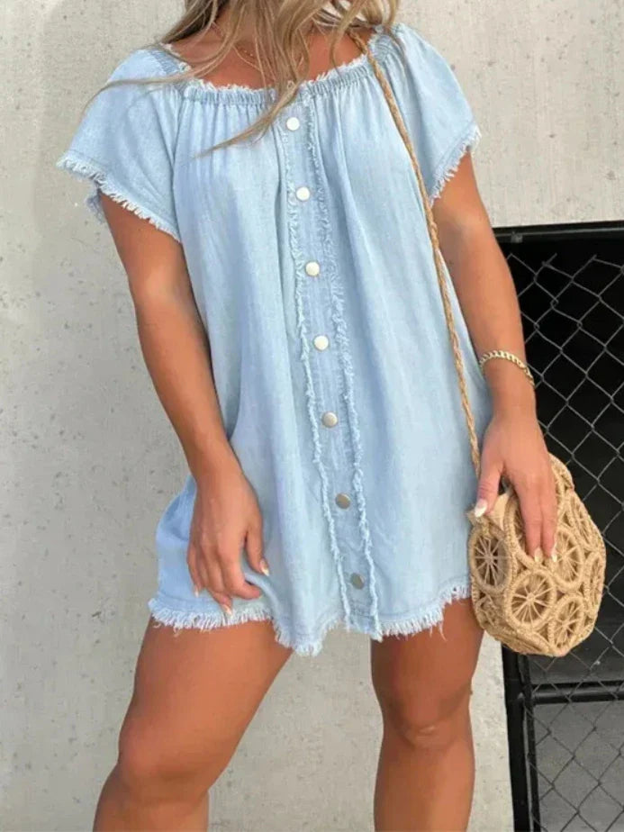 maoxiangshop Shirt Dress Denim Jeans Dresses Women Off Shoulder Slash Neck Blue Tassel Single Breasted A Line Mini Vestidos Streetwear