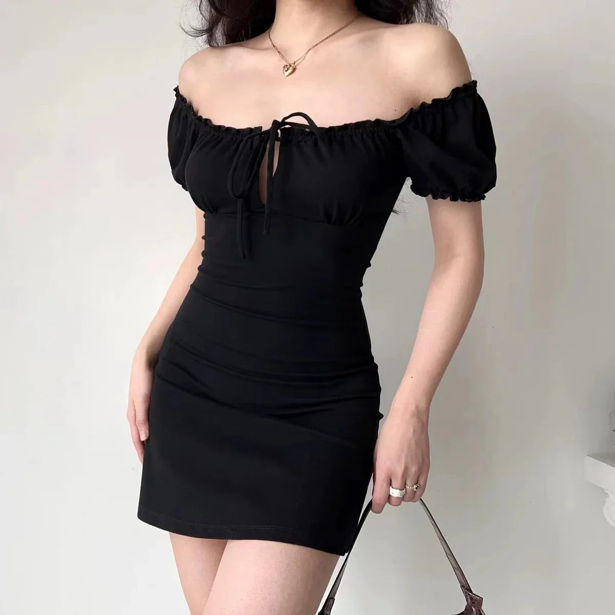 maoxiangshop Summer Sexy Mini Dress Women Short Sleeved Lace up Hollow Casual Backless Folds Bodycon Black Dress Party Elegant A-LINE Dresses