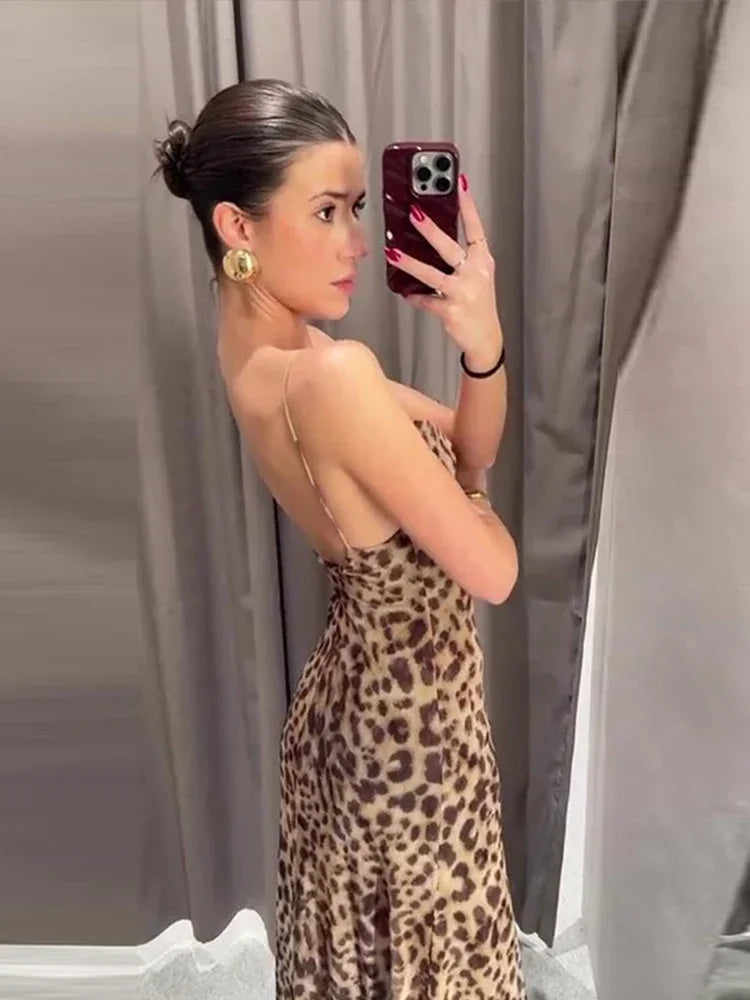 New Leopard Print Sling Maxi Dress For Women 2024 Summer Elegant Backless Sleeveless Slip Long Dress Female Sexy Party Vestidos