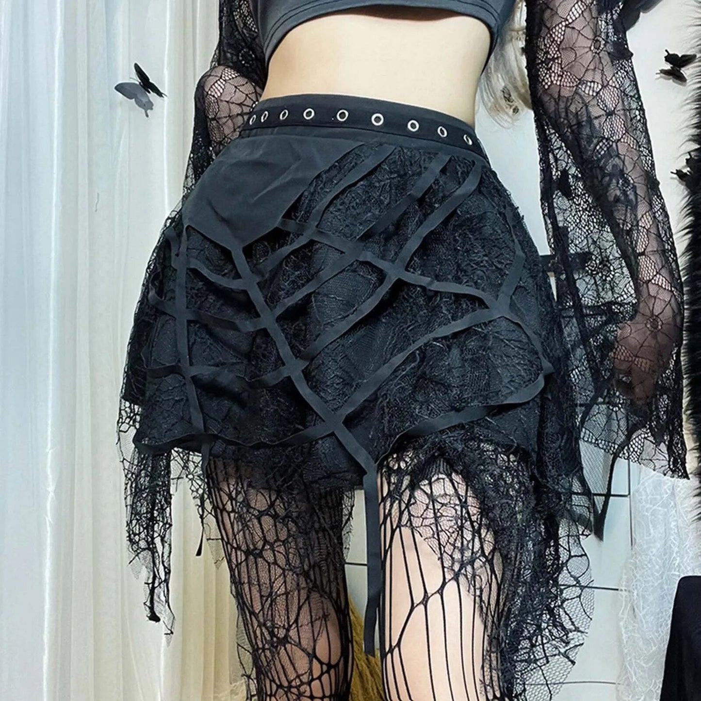 maoxiangshop Gothic Black Mesh Fringed Mini Skirt Women Spider Web Lace Irregular Dark Skirts Pleated Y2K Grunge Halloween Party Clothes