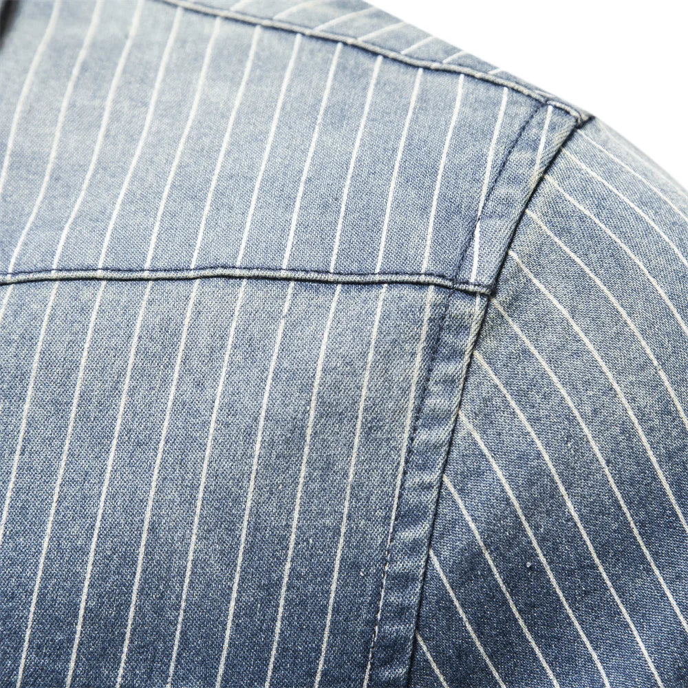 maoxiangshop Cotton Men Denim Shirts Striped Stretch Long Sleeve High Quality Jeans Shirts for Men Casual Slim Cowboy Shirts Man