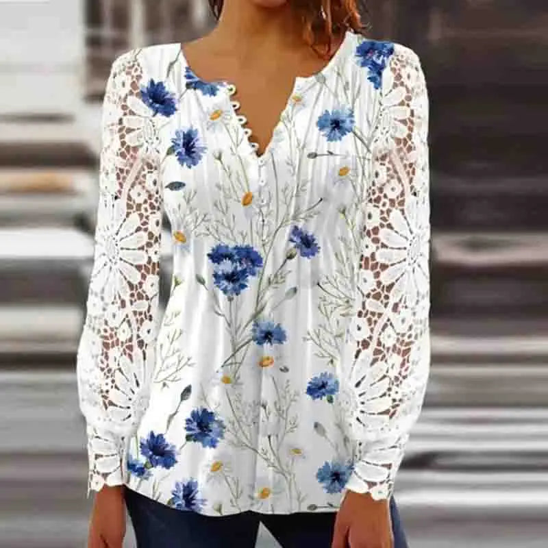 maoxiangshop New Fashion V Neck Floral Women's Shirts with Lace Long Sleeve White Women Blouse Elegant Woman Tops Office Lady Clothes