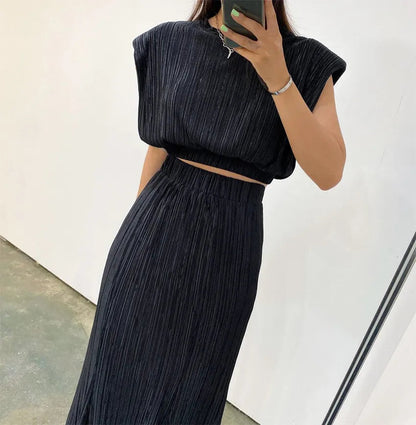 maoxiangshop Elegant Green Skirt Sets 2 Pieces Womens Outfits Spring O-Neck Sleeveless Crop Tops Black Elastic Waist Long Skirts Suit Pajamas