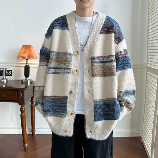 maoxiangshop Striped Cardigan Men Chic Baggy Slouchy V-neck Japanese Style Harajuku Vintage High Street Knitting Sweaters All-match Autumn