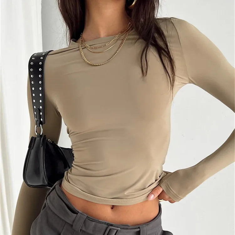 maoxiangshopWomen Casual Long Sleeve T-Shirts Spring Autumn Solid Slim Fit Pullovers Tees Shirts Female Streetwear Base Tees Tops