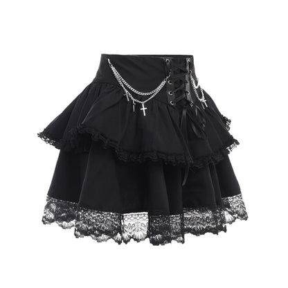 maoxiangshop Medieval Goth Black Pleated Mini Skirts Lolita Aesthetic Skirt Women's High Waist Lace Trim Gothic Skater Skirt Halloween Outfit