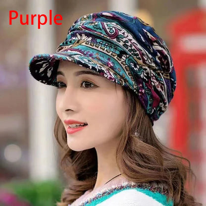 maoxiangshop Women Hat Short Brim Warm Foldable Earflap Women Cap Ethnic Style Floral Print Autumn Winter Hat Daily Clothing Turban Visor