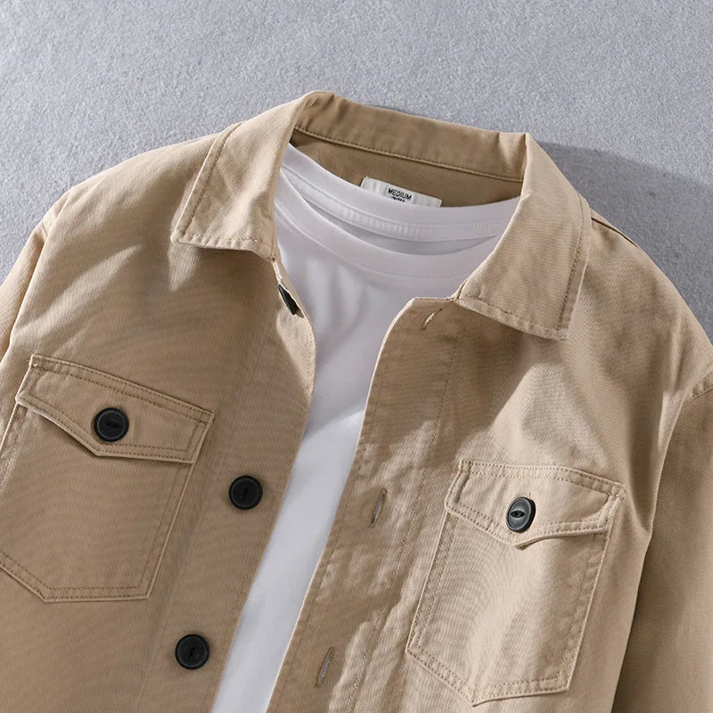 maoxiangshop 100% Cotton Tooling Japanese Jacket, New Coat Men's Long Sleeve Khaki Shirt, Casual Cotton Comfortable Thick Shirt camping
