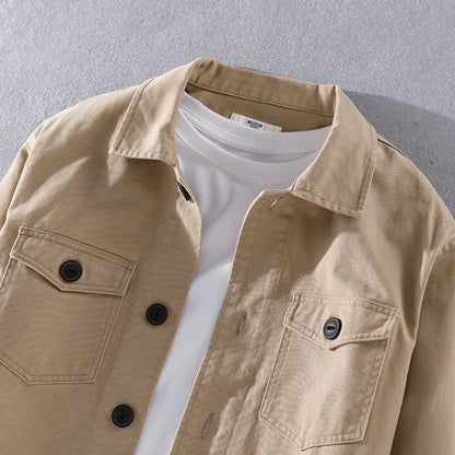 maoxiangshop 100% Cotton Tooling Japanese Jacket, New Coat Men's Long Sleeve Khaki Shirt, Casual Cotton Comfortable Thick Shirt camping