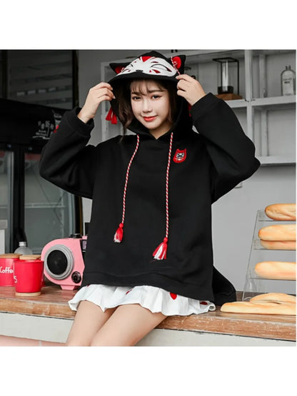 Women Harajuku Embroidery Hooded Sweatshirts Long Sleeve Black White Drawstring Hoodies 2023 Sweet Girls' Pullovers