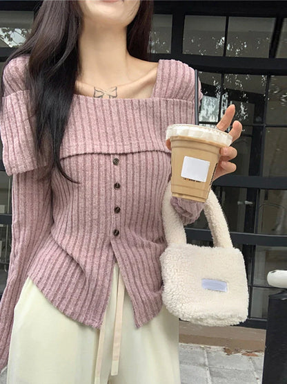maoxiangshop-Off Shoulder Knit Pullover Women Chic Casual Slim Gentle Tops Female Spring New Square Neck Solid Long Sleeves Knitwears Lady