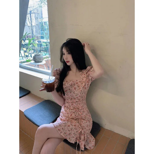 Floral Dress Gentle Wind Women Summer Design Artistic Skirt Korean Style Fashion Dress Bubble Sleeve Rustic Casual Style