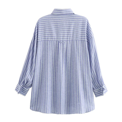 maoxiangshop  -  Striped Pocket Blouses Women 2024 New Single Breasted Long Sleeve Blouse Female Autumn Casual Simple Thin Lapel Collar Shirts