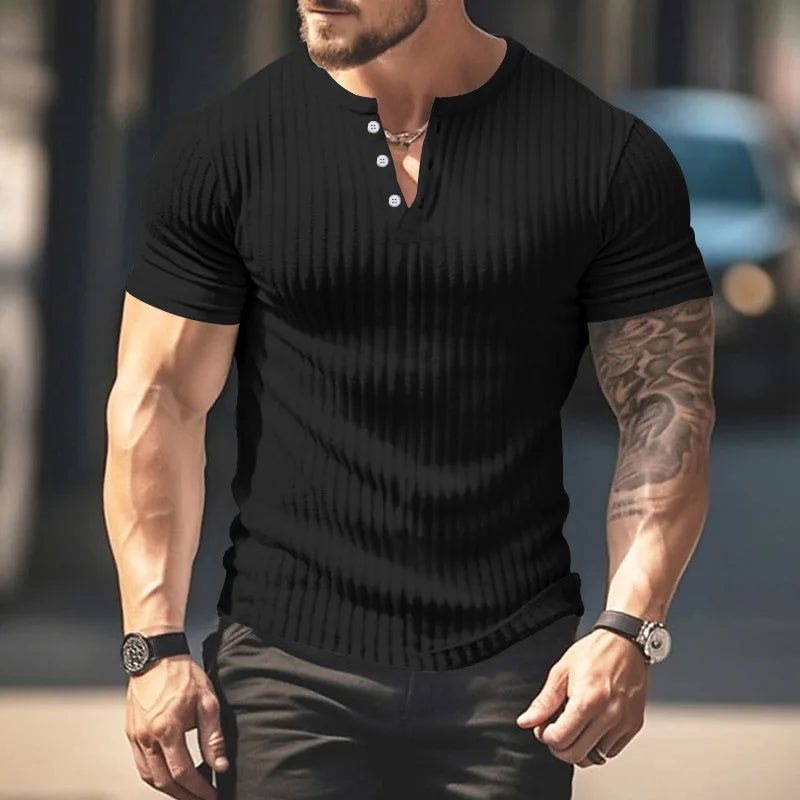 maoxiangshop Summer Slim Henry shirt short sleeve T-shirt Small T-shirt casual top sports fitness men's round neck T-shirt Ropa Hombre