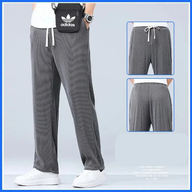 maoxiangshop Summer Straight Pants Men's Loose Thin Section Drape Ice Silk Pants Wide Leg Sports Pants Casual Pants Fits 100kg