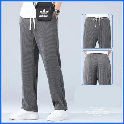 maoxiangshop Summer Straight Pants Men's Loose Thin Section Drape Ice Silk Pants Wide Leg Sports Pants Casual Pants Fits 100kg