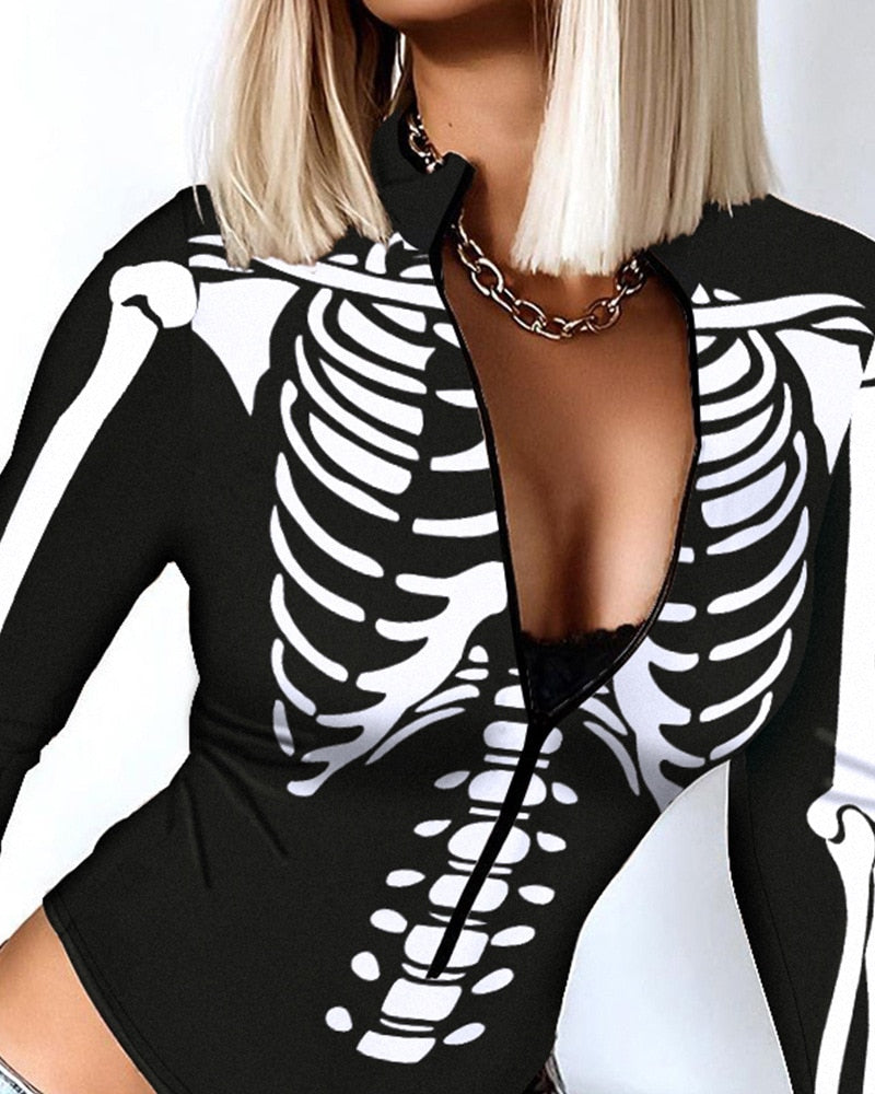 maoxiangshop Women Top Romper V Neck Skulls Slim Casual Halloween Skeleton Print Zip Front Long Sleeve Bodysuit Sexy Bodysuits