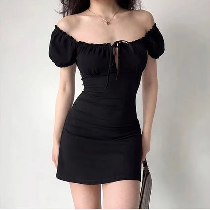 maoxiangshop Summer Sexy Mini Dress Women Short Sleeved Lace up Hollow Casual Backless Folds Bodycon Black Dress Party Elegant A-LINE Dresses