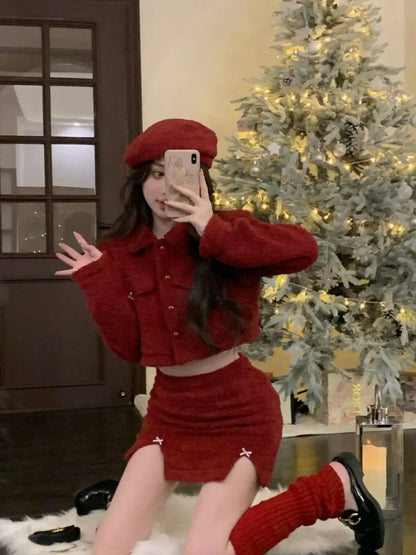 maoxiangshop  -  New Year's Robe Red Skirt Set Autumn/Winter Christmas Dress Up High End Sweet Short Coat Mini Skirt Two Piece Set Women Outfits