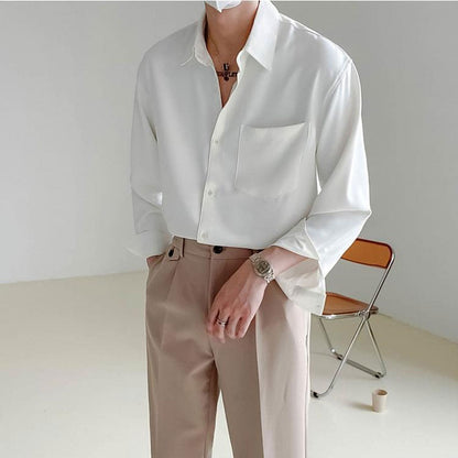 maoxiangshop Solid Color Long Sleeve Shirt POLO Collar Single Breasted Loose Casual Fashion Korean Spring and Autumn New Men's Clothing Punk