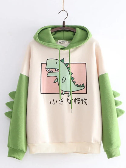 maoxiangshop Harajuku Kawaii Hoodies Cartoon Dinosaur Print Casual Women Winter Warm Fleece Hooded Cotton Sweatshirt Teen Girls Cute Top