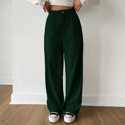 maoxiangshop  -  Solid Fashion Women Maxi Pants Autumn High Waist Straight Loose Button Female Trousers Streetwear Office Lady Suit Pant New