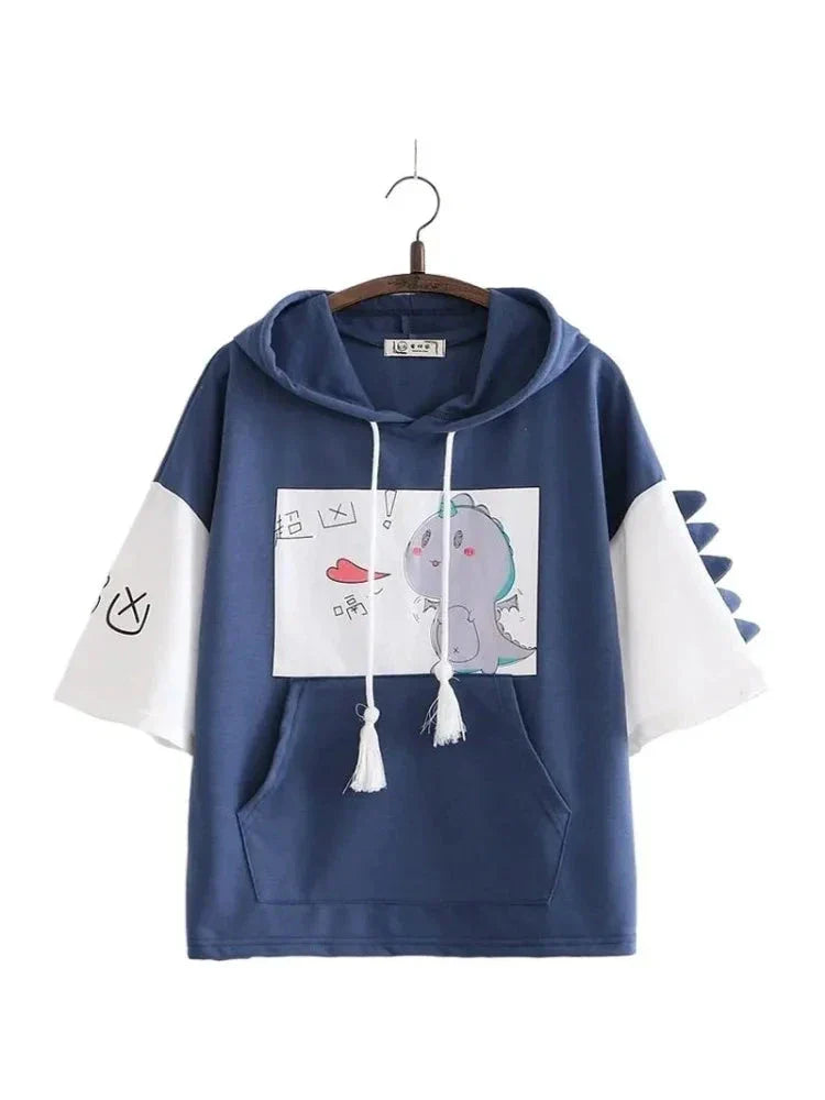 Women Dinosaur Print Funny Hooded Sweatshirts With Pocket Spring Short Sleeve Cotton Hoodies Harajuku Pullovers Tracksuit