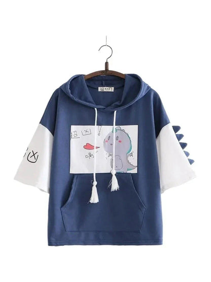 Women Dinosaur Print Funny Hooded Sweatshirts With Pocket Spring Short Sleeve Cotton Hoodies Harajuku Pullovers Tracksuit