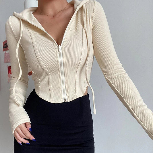 maoxiangshop-Streetwear Slim Fit Cropped Jacket Women Korean Fashion Long Sleeve Hooded Crop Top Woman Wild Ribbed Zipper Up Sweatshirt Mujer