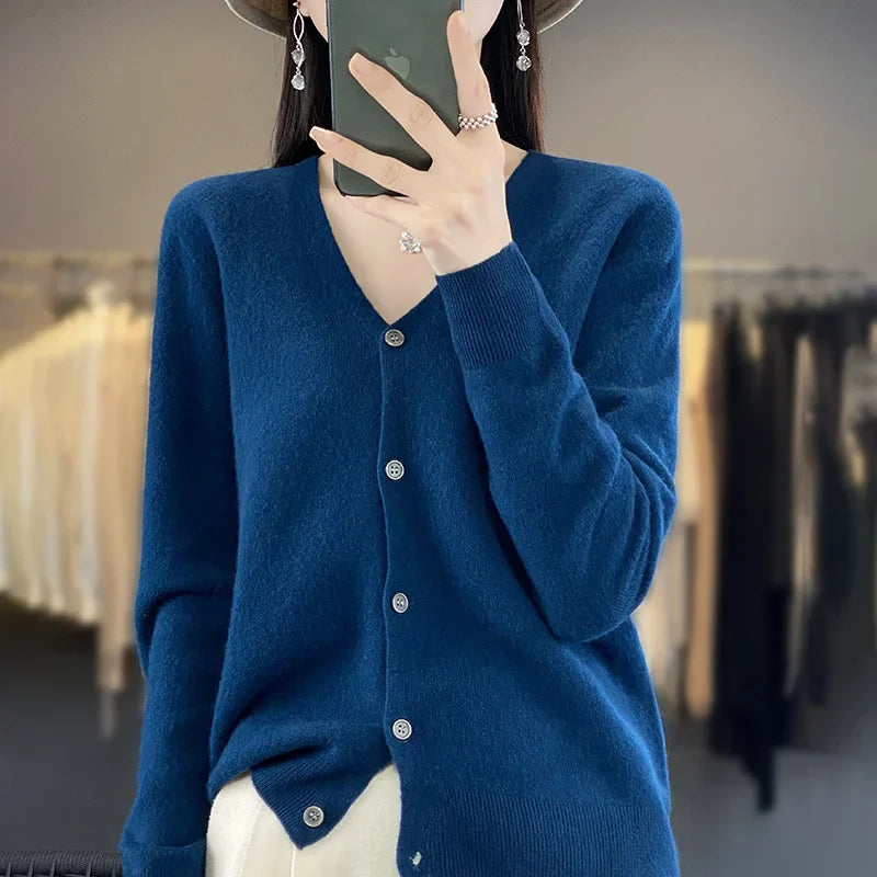 maoxiangshop New Fashion Spring Autumn 100% Merino Wool Women's V-neck Cardigan Cashmere Sweater 2024 Female Knitwear Clothing Korean Tops