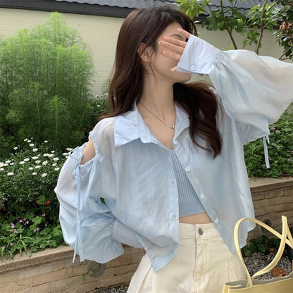 maoxiangshop Shirts Women Hole Temperament Sun-proof Ins Vacation Thin Korean Style Sheer Off-shoulder BF Summer Students Beach