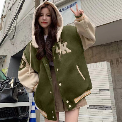 Embroidered Hooded Baseball Uniform Women's Winter 2023 New Student Couple American Retro Plus Velvet Casual Hooded Jacket Top