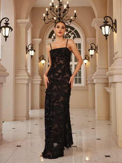 Summer Long Formal Occasion Dresses Maxi Black Appliques Dresses Long Elegant and Beautiful Women Dress